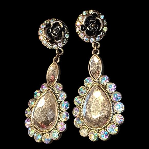 Gold and Silver Teardrop Earrings with Iridescent Stones - Picture 1 of 4